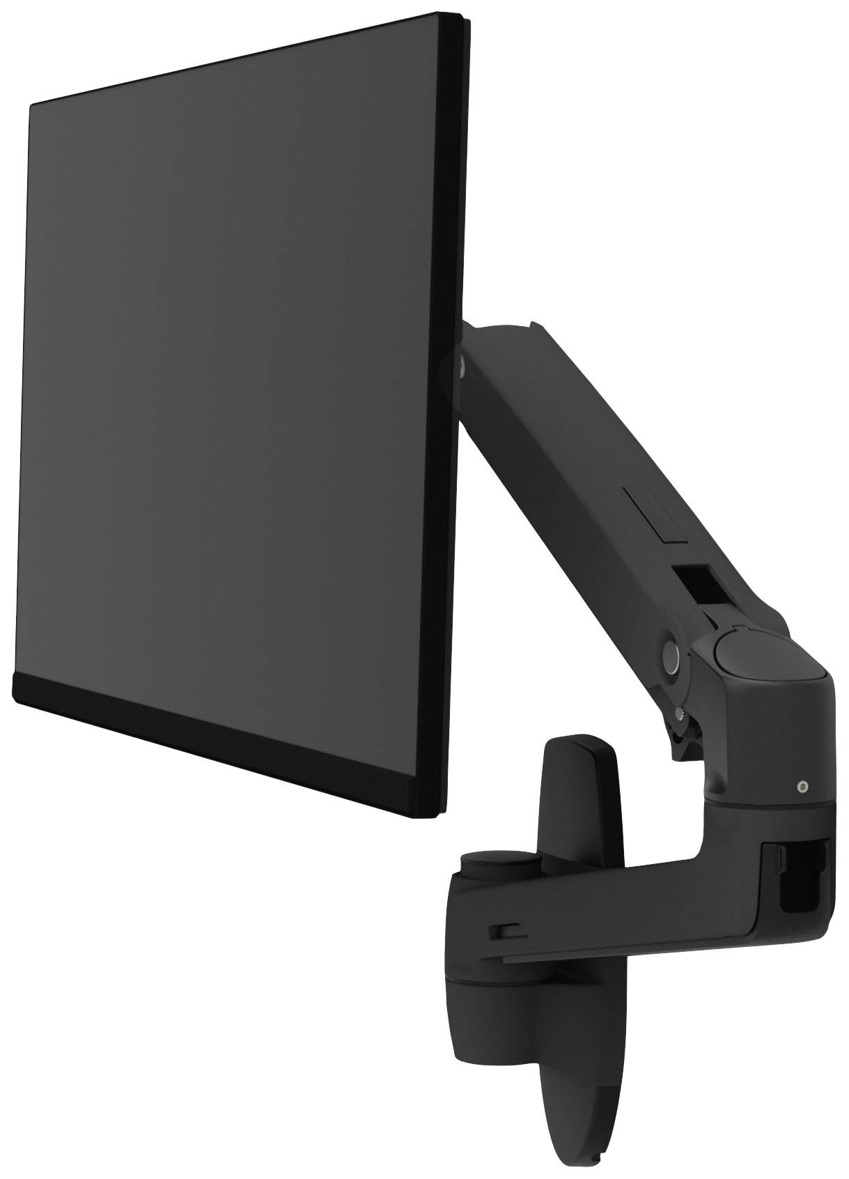 Flacher Monitor an einem schwenkbaren Arm montiert, der an einer Wandhalterung befestigt ist, ideal für flexible Bildschirmpositionierung.