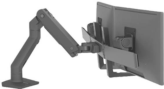 Ein doppelter Monitorarm hält zwei Monitore nebeneinander. Der Arm ist flexibel und ermöglicht eine ergonomische Anordnung der Bildschirme.