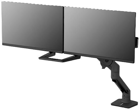 Zwei nebeneinander montierte Monitore an einem einstellbaren Arm, geeignet für ergonomische Arbeitsplatzanpassung.