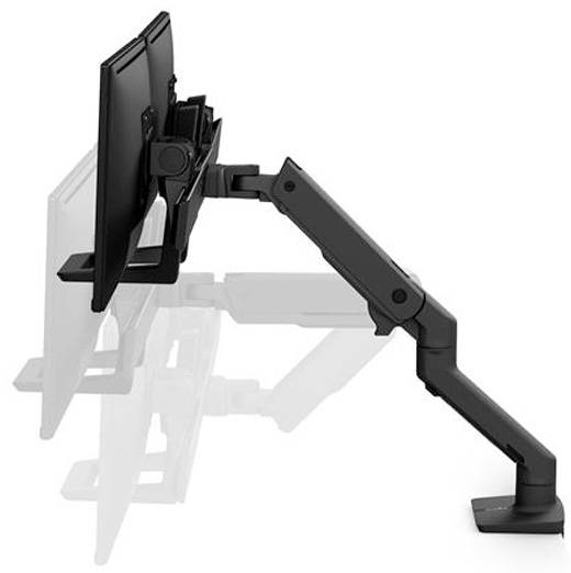 Ein höhenverstellbarer Monitorarm mit mehreren Gelenken ermöglicht flexibles Positionieren und Neigen eines Bildschirms auf einem Schreibtisch.