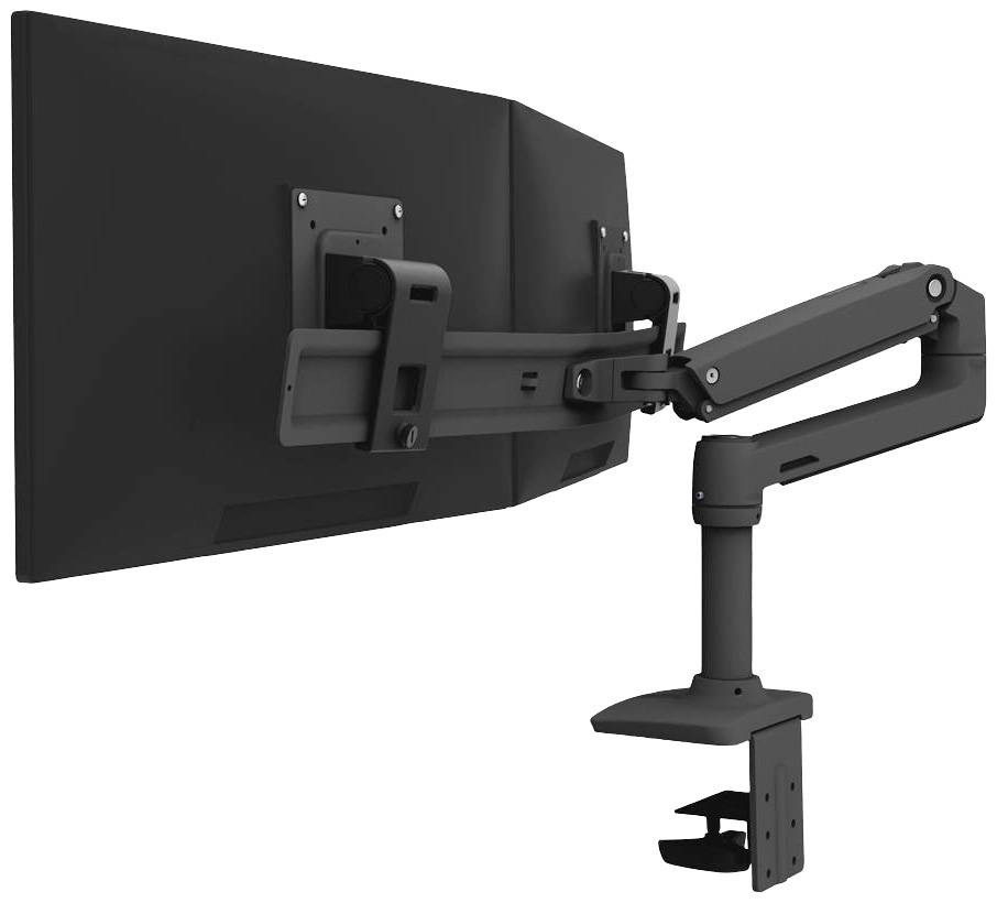 Ein schwarzer Monitor ist an einem beweglichen Arm befestigt, der an einem Tisch montiert wird. Der Arm ermöglicht flexible Positionierung.