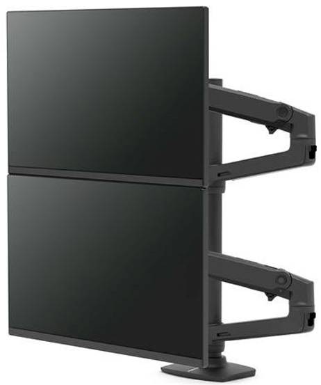 Zwei übereinander montierte Monitore an flexiblen Armen, geeignet für ergonomische Arbeitsplätze zur gleichzeitigen Anzeige mehrerer Bildschirme.