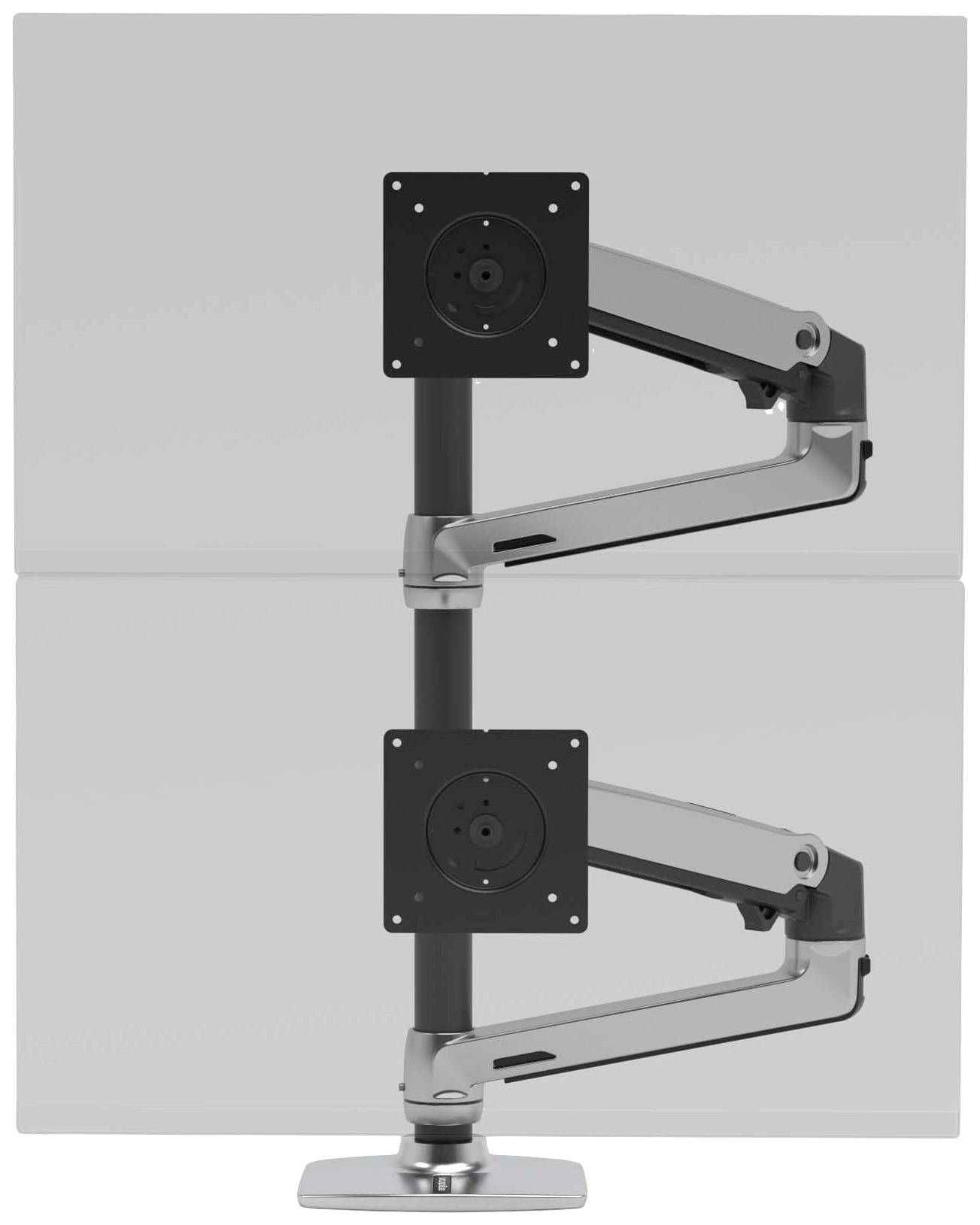 Ein doppelter Monitorarm mit schlankem Design zur Befestigung von zwei Bildschirmen übereinander, ideal für platzsparende Arbeitsplätze.