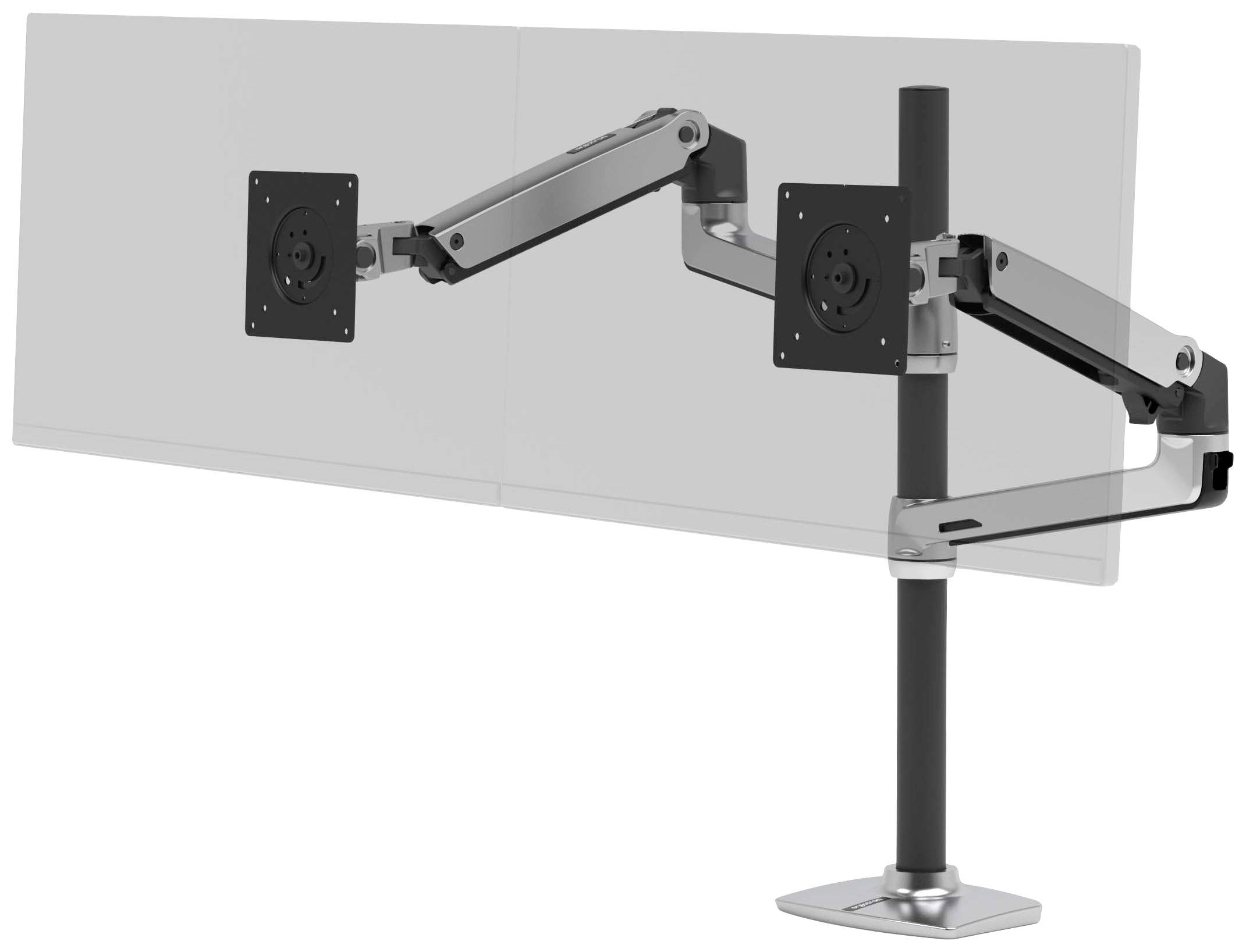 Doppelter Monitorarm aus Metall mit zwei beweglichen Halterungen an einem Standfuß. Eignet sich zur flexiblen Monitornutzung.