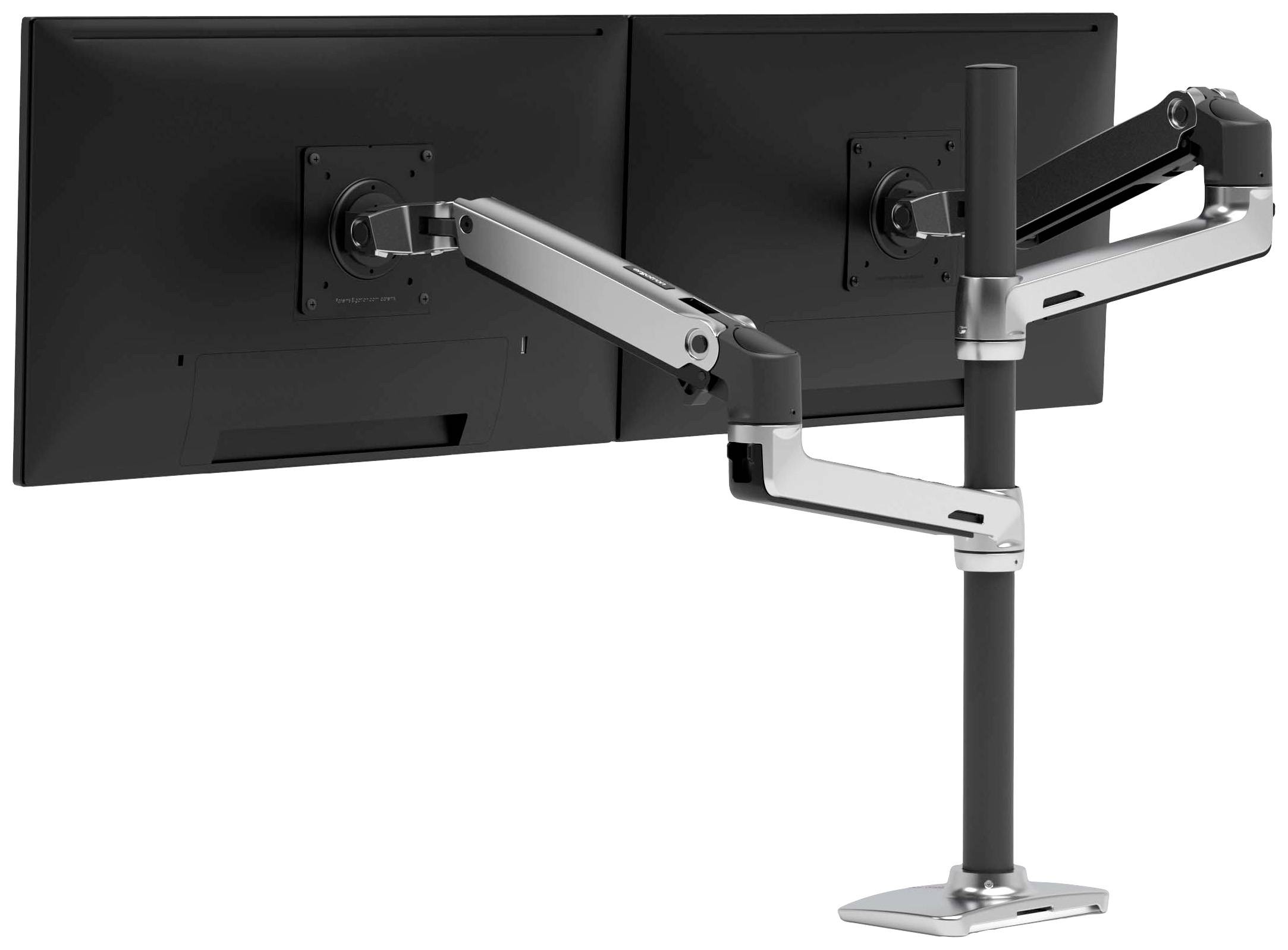 Zwei schwarz-silberne Monitore sind an einem flexiblen, höhenverstellbaren Monitorarm befestigt, der auf einem Schreibtisch montiert ist.