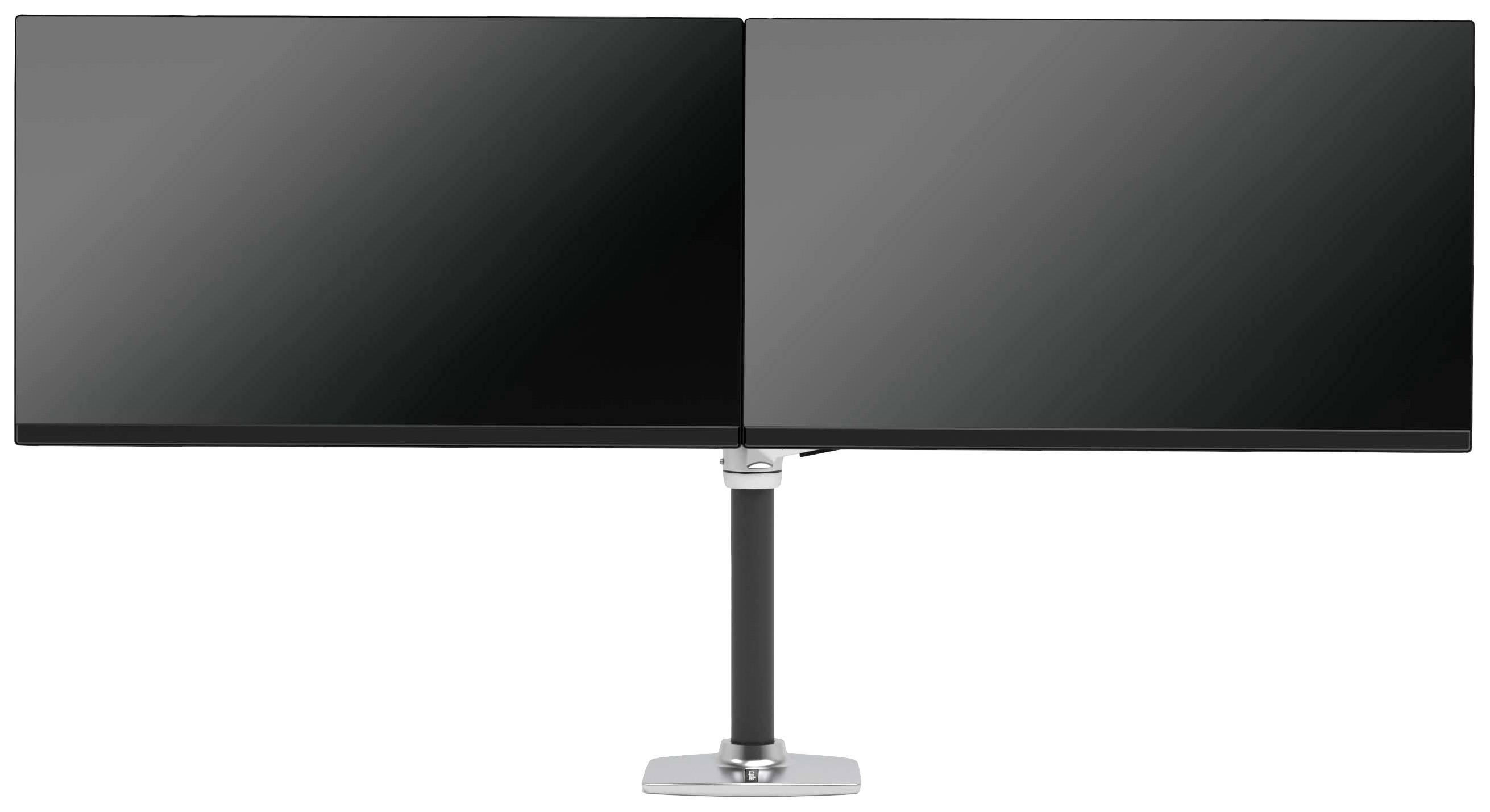 Zwei nebeneinander stehende schwarze Monitore auf einem gemeinsamen Ständer, geeignet für eine erweiterte Bildschirmansicht.