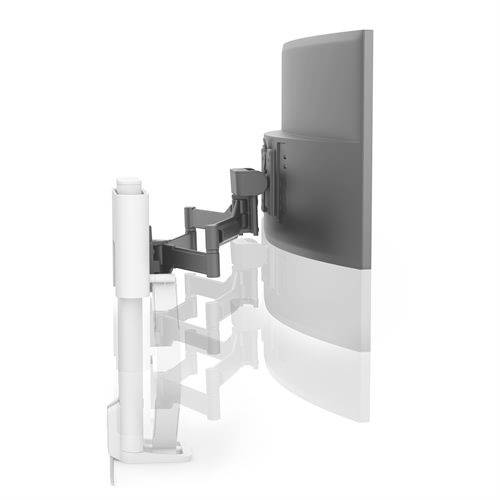 Ein weiß-schwarzer Monitorarm in seitlicher Ansicht. Der Arm ist flexibel und ermöglicht Bildschirme in verschiedenen Winkeln zu positionieren.