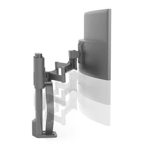 Metallischer Monitorhalter mit drehbarem Arm, der eine optimale Bildschirmausrichtung ermöglicht. Geeignet für Schreibtischmontage.