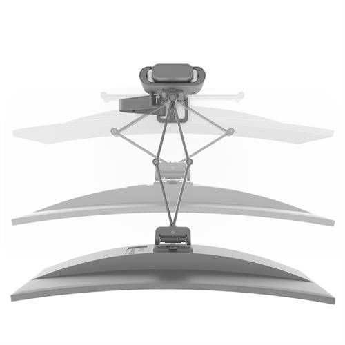 Ein ergonomischer Monitorarm zeigt die flexible Beweglichkeit eines Bildschirms in verschiedene Positionen und Winkel.