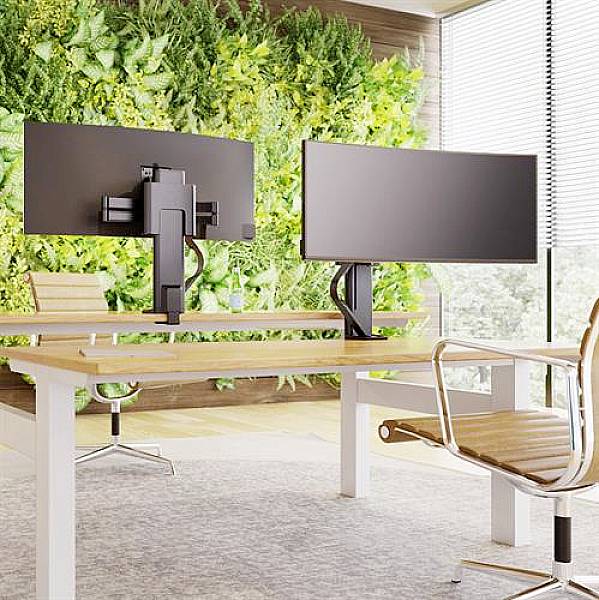 Ein moderner Arbeitsplatz mit zwei Monitoren, einem Holztisch und einem ergonomischen Stuhl. Im Hintergrund eine grüne Pflanzenwand.