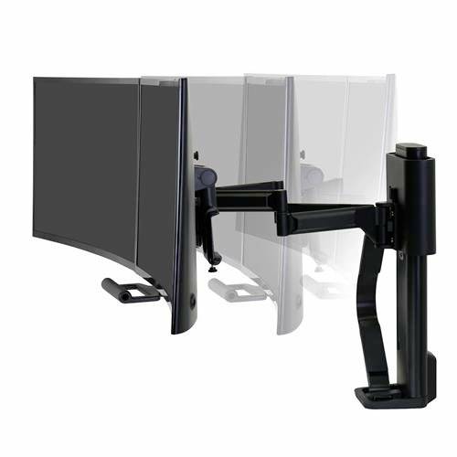Ein Monitorarm mit beweglichem Gelenk zeigt drei verschiedene Ausrichtungen eines Bildschirms.