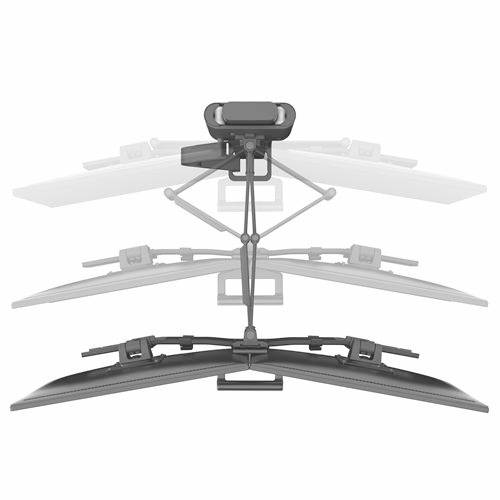 Ein Monitorhalter zeigt mehrere Anpassungspositionen und flexible Bewegungswinkel.