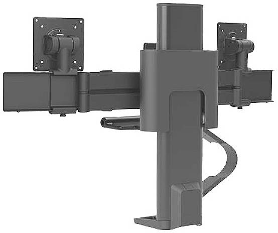 Ein dunkelgrauer, verstellbarer Monitorarm aus Metall zur Wandmontage, mit zwei Gelenkarmen für die Befestigung von Bildschirmen.