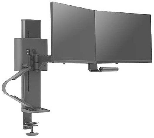 Ein ergonomischer Doppel-Monitorarm in Schwarz, zur Befestigung an einem Tisch. Geeignet für die flexible Positionierung von Bildschirmen.