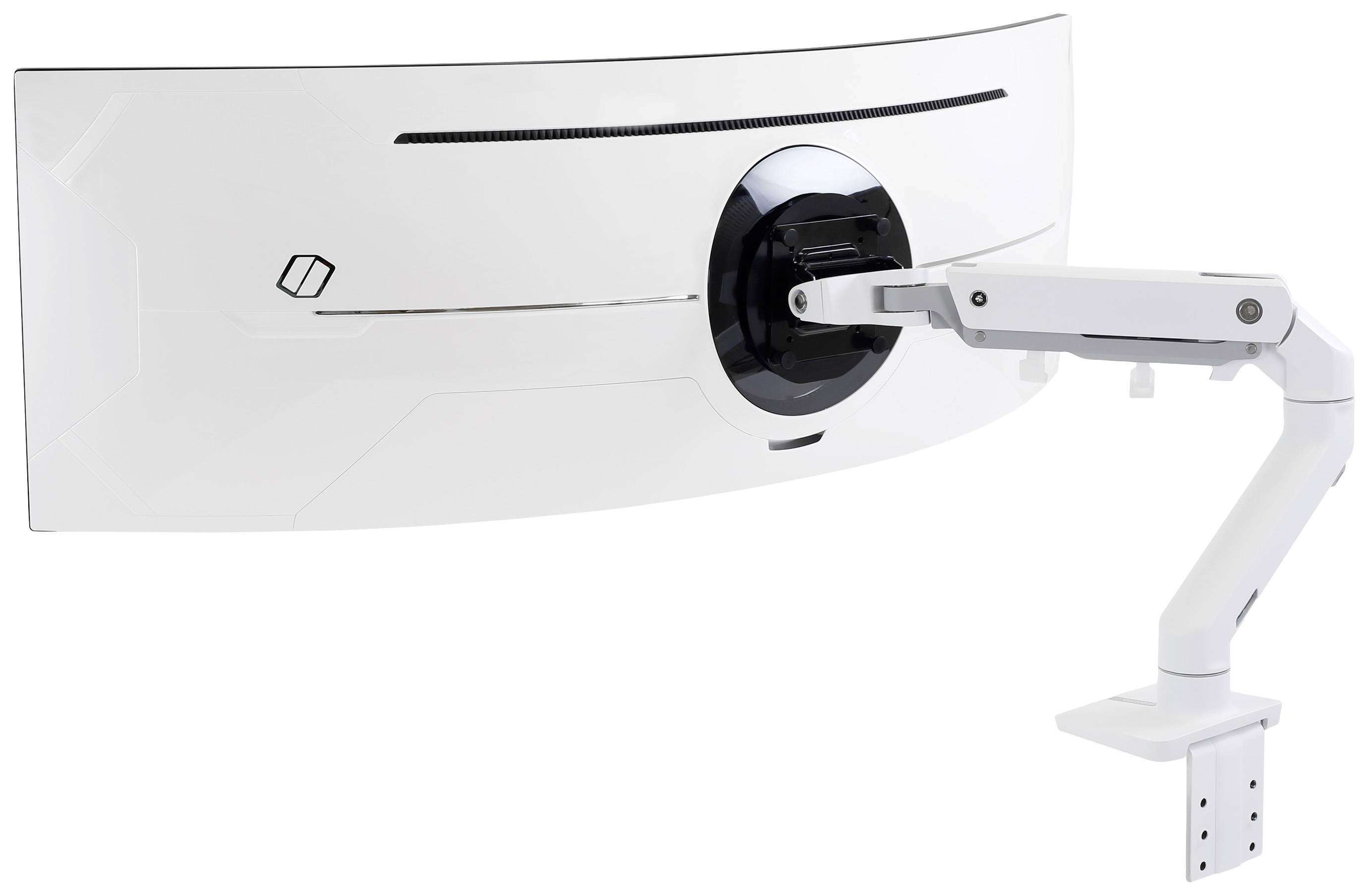 Ein gebogener, weißer Ultra-Wide-Monitor an einem flexiblen, weißen Monitorarm montiert, gezeigt von hinten.