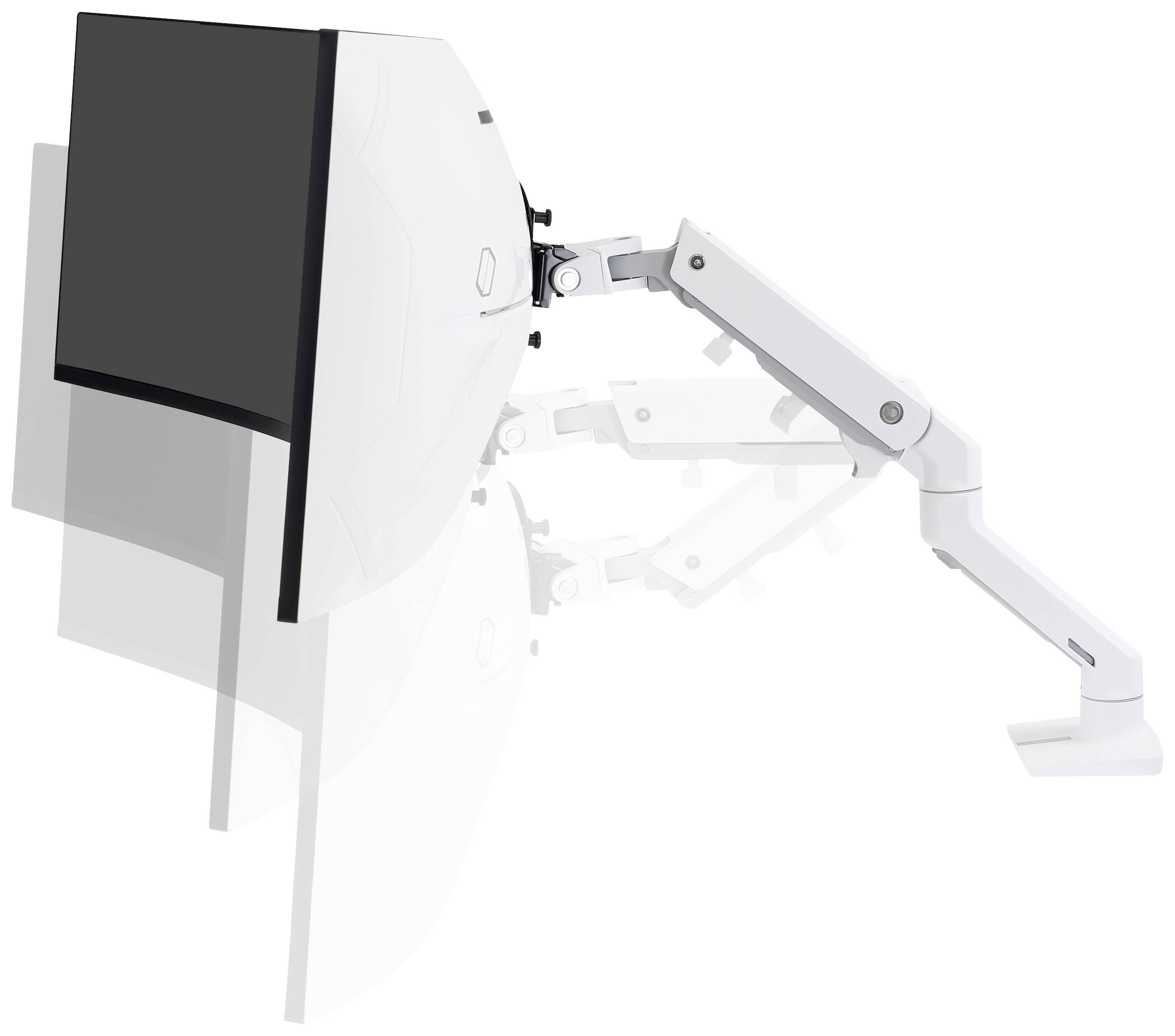 Ein verstellbarer Monitorarm aus weißem Metall, der einen Bildschirm hält. Der Arm zeigt seine Flexibilität in verschiedenen Positionen.