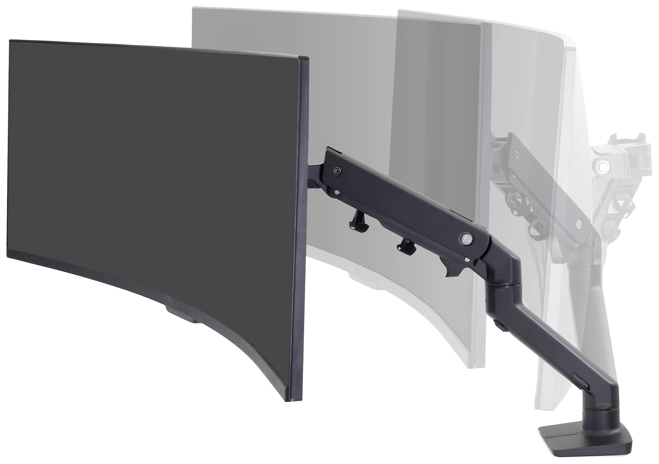 Ein beweglicher Monitorarm zeigt drei Positionen eines Bildschirms; der Arm ermöglicht flexible Ausrichtung des Monitors.