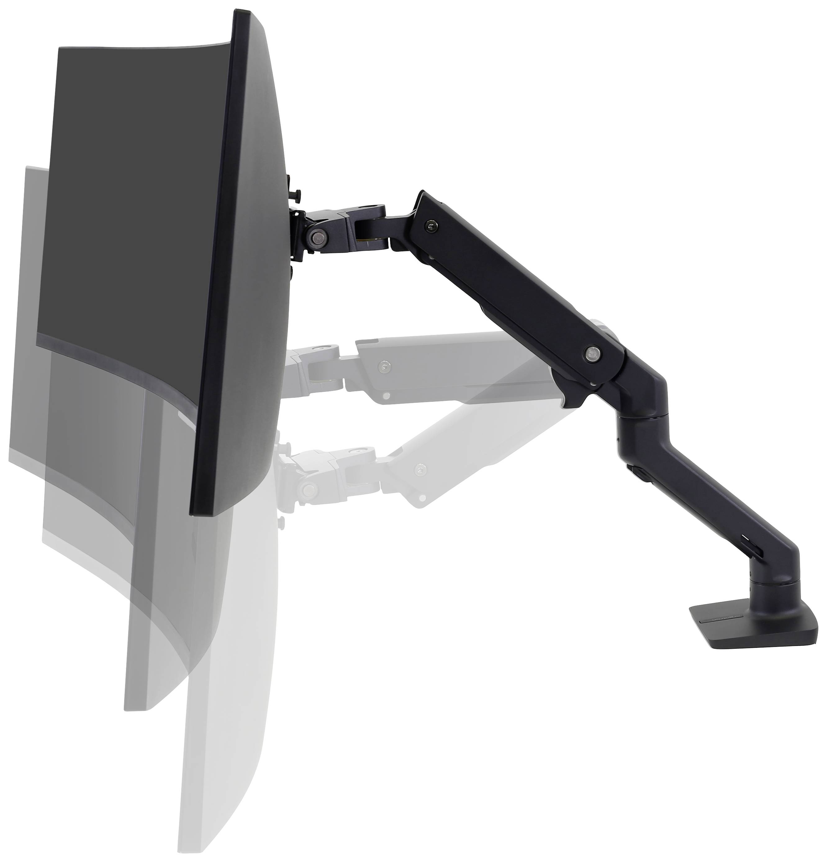 Ein verstellbarer Monitorarm zeigt verschiedene Positionen eines Computerbildschirms von der Seite, um Beweglichkeit zu demonstrieren.