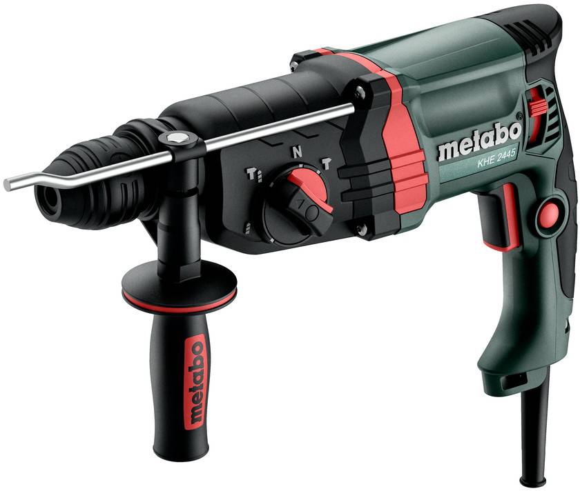 Ein grüner und schwarzer Metabo-Bohrhammer mit rotem Detail und Seitenhandgriff, Modell KHE 2445, geeignet für schwere Bohrarbeiten.
