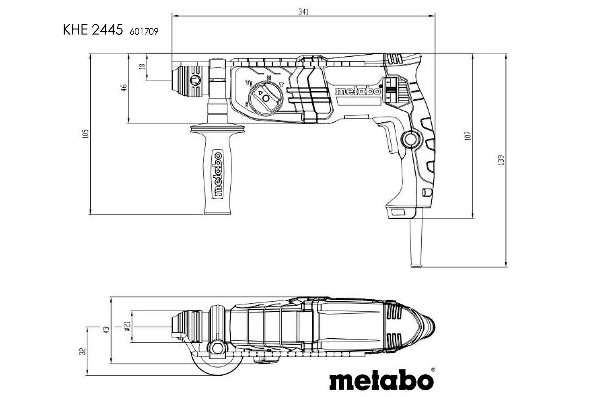 Technische Zeichnung eines Metabo Bohrhammers, Modell KHE 2445, mit Maßen. Hauptansicht von der Seite und von oben dargestellt.