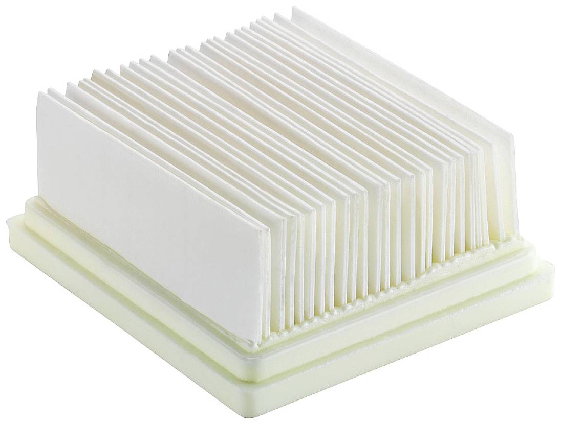 Weißer rechteckiger Faltenfilter auf einer weißen Basis, oft in Geräten zur Luft- oder Flüssigkeitsfilterung verwendet.