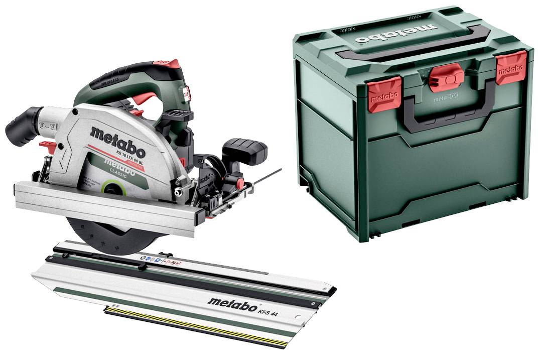 Tauchsäge mit Führungsschiene und grünem Kunststoffkoffer. Die Säge ist kompakt, schwarz-grün, mit roten Hebeln und Metabo-Logo.