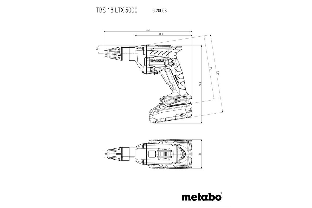 Technische Zeichnung eines Metabo TBS 18 LTX 5000 Schraubers. Zeigt Seiten- und Draufsicht mit Maßangaben.