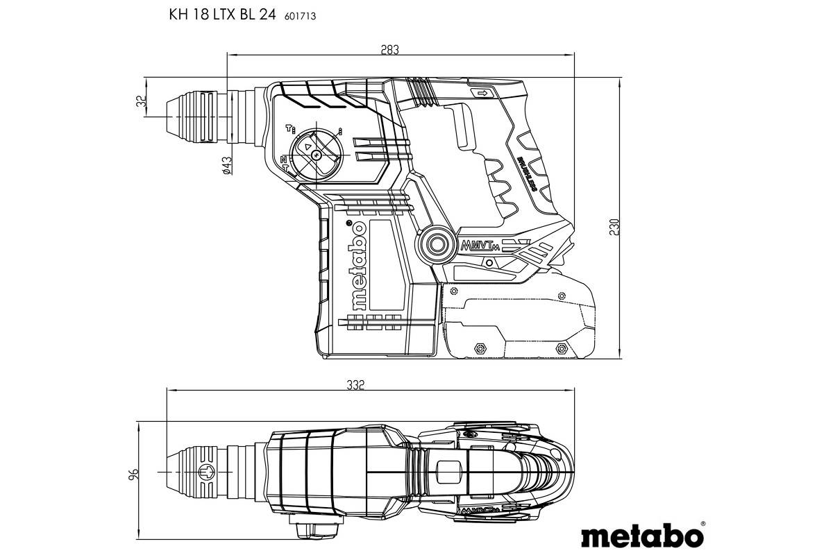 Skizze eines Akkubohrhammers von Metabo, Modell 'KH 18 LTX BL 24', mit seitlicher und oberer Ansicht, inklusive Abmessungen.