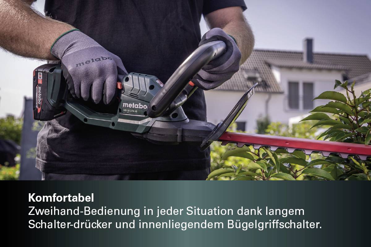 Ein Gärtner schneidet mit einer Metabo-Heckenschere eine Hecke. Text: 'Komfortabel. Zweihand-Bedienung in jeder Situation.'