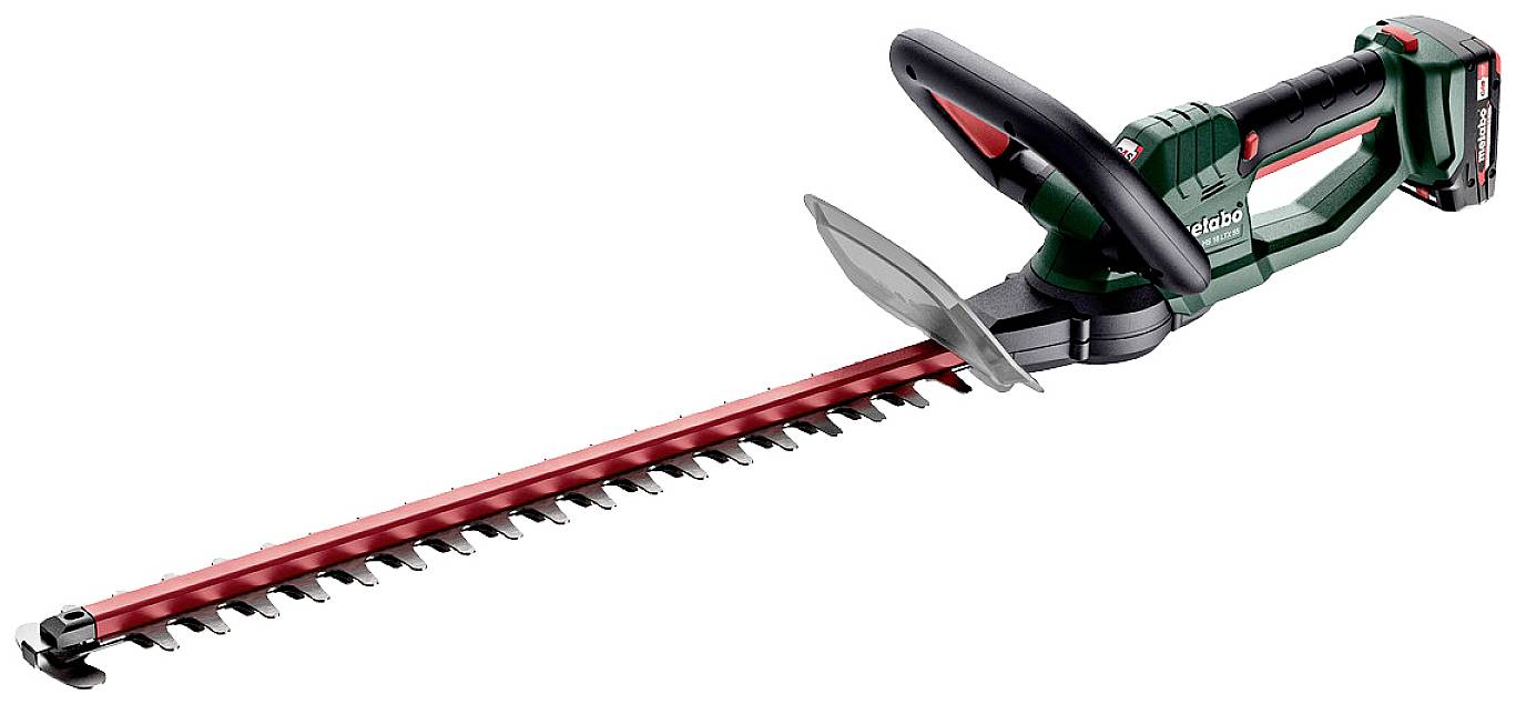 Akkubetriebene Heckenschere mit grün-schwarzem Griff und roter Klinge; geeignet für den trimmen von Hecken und Sträuchern im Garten.