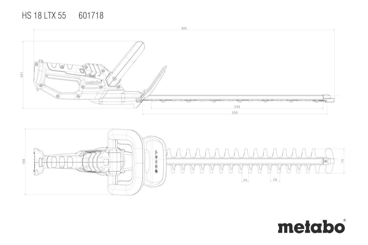 Zeichnung einer Metabo Heckenschere HS 18 LTX 55 mit technischer Ansicht von oben und der Seite, Abmessungen sind angegeben.