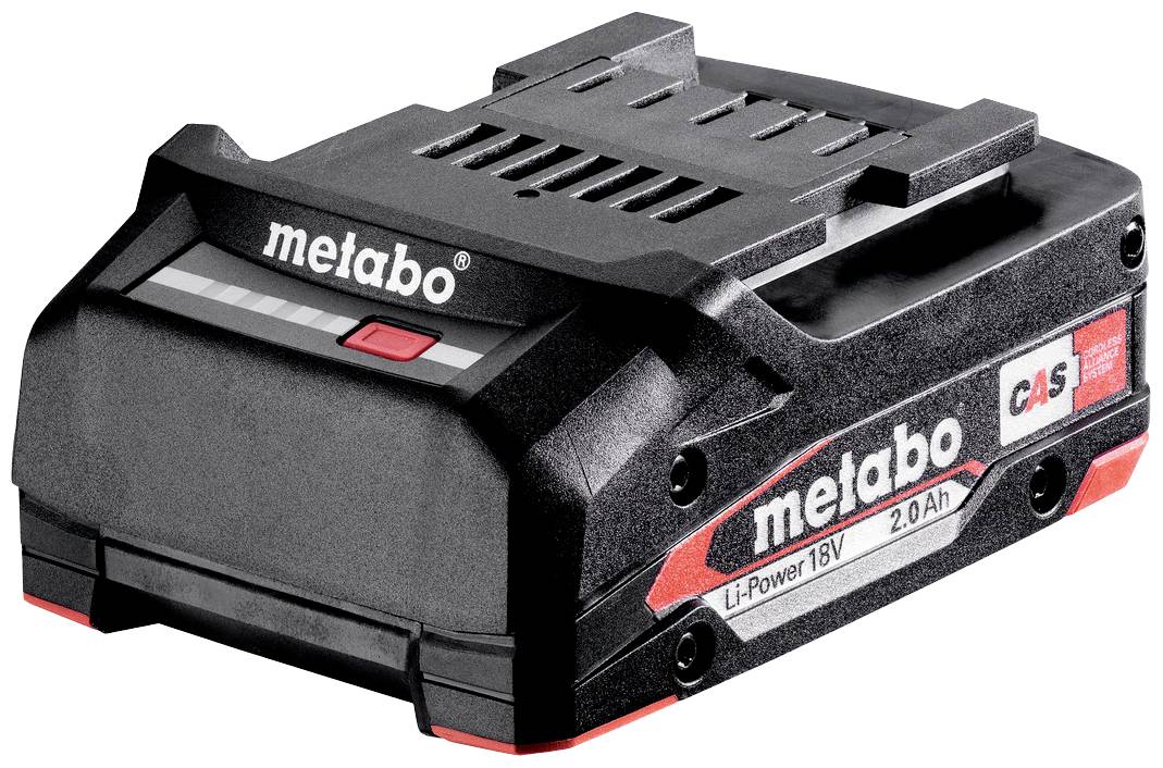 Akkupack von Metabo, Modell Li-Power 18V mit 2,0 Ah Kapazität. Schwarzes Gehäuse mit rotem Akzent und Markennamen aufgedruckt.