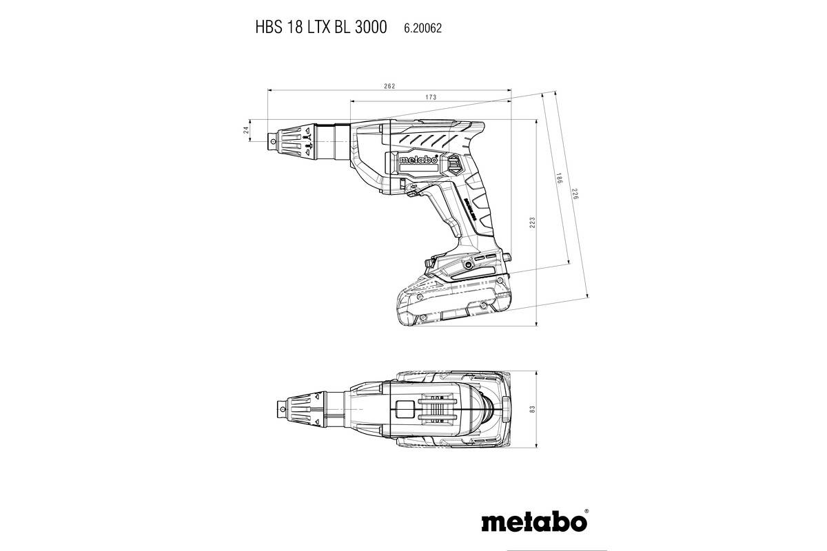 Technische Zeichnung eines Metabo HBS 18 LTX BL 3000 Elektro-Werkzeugs mit Abmessungen in verschiedenen Ansichten.