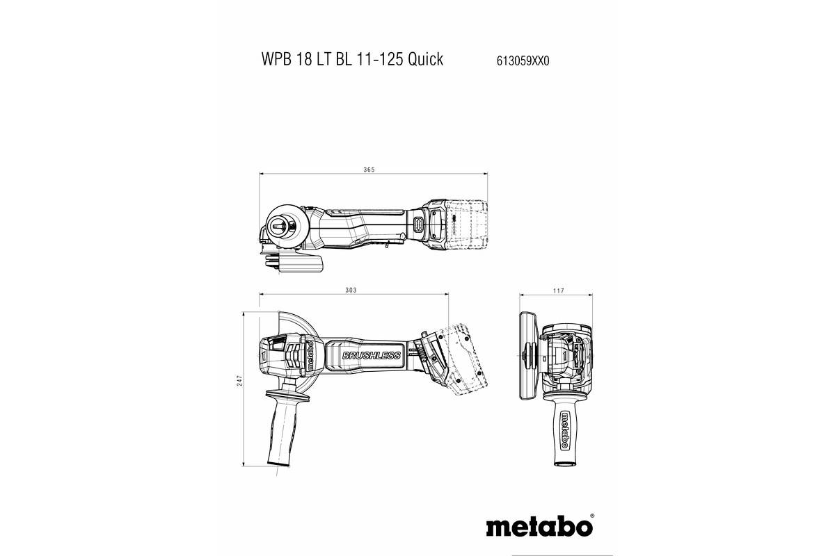 Technische Zeichnung eines Metabo Winkelschleifers, Modell WPB 18 LT BL 11-125 Quick. Maße und Ansichten von Seite und oben.
