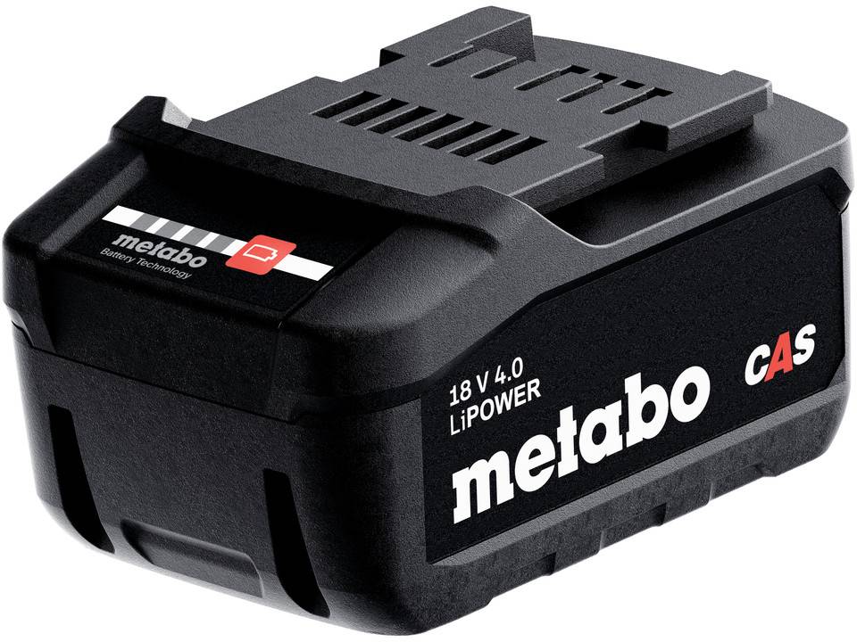 Schwarzer Metabo 18V Lithium-Ionen-Akku mit rotem und weißem Schriftzug, seitliche Ansicht, Modell Li-Power 4.0 Ah.