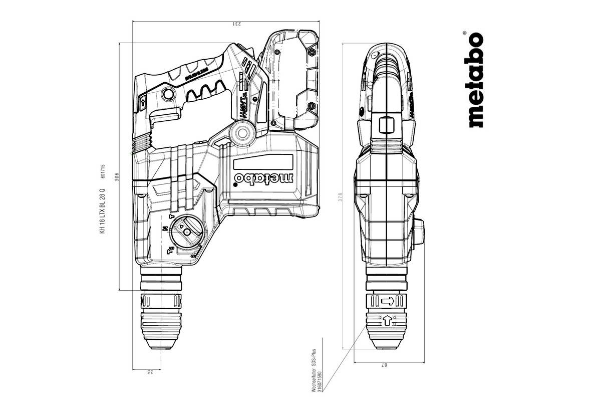 Bauplan einer Metabo-Bohrmaschine mit Abmessungen. Zeigt Vorder- und Seitenansicht mit Details der Komponenten und Designmerkmale.