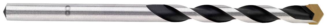 Metallbohrer mit schwarzer und silberner Spirale und goldener Spitze, seitliche Ansicht, auf weißem Hintergrund.