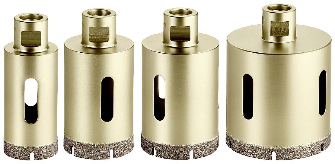 Fünf unterschiedlich große, goldene Bohrkronen mit diamantbesetzten Schneiden, in einer Reihe angeordnet. Geeignet für Fliesenbearbeitung.