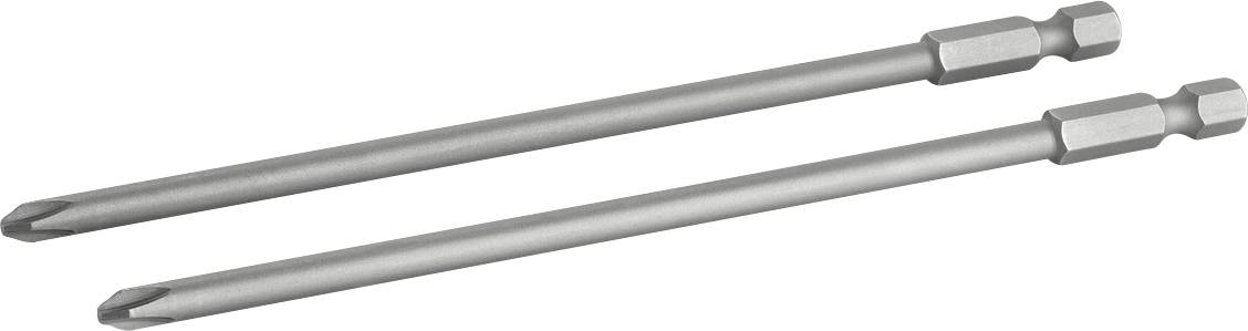 Zwei lange Metall-Schraubendreher-Bits mit Sechskantschaft und Kreuzschlitzspitze, parallel angeordnet.