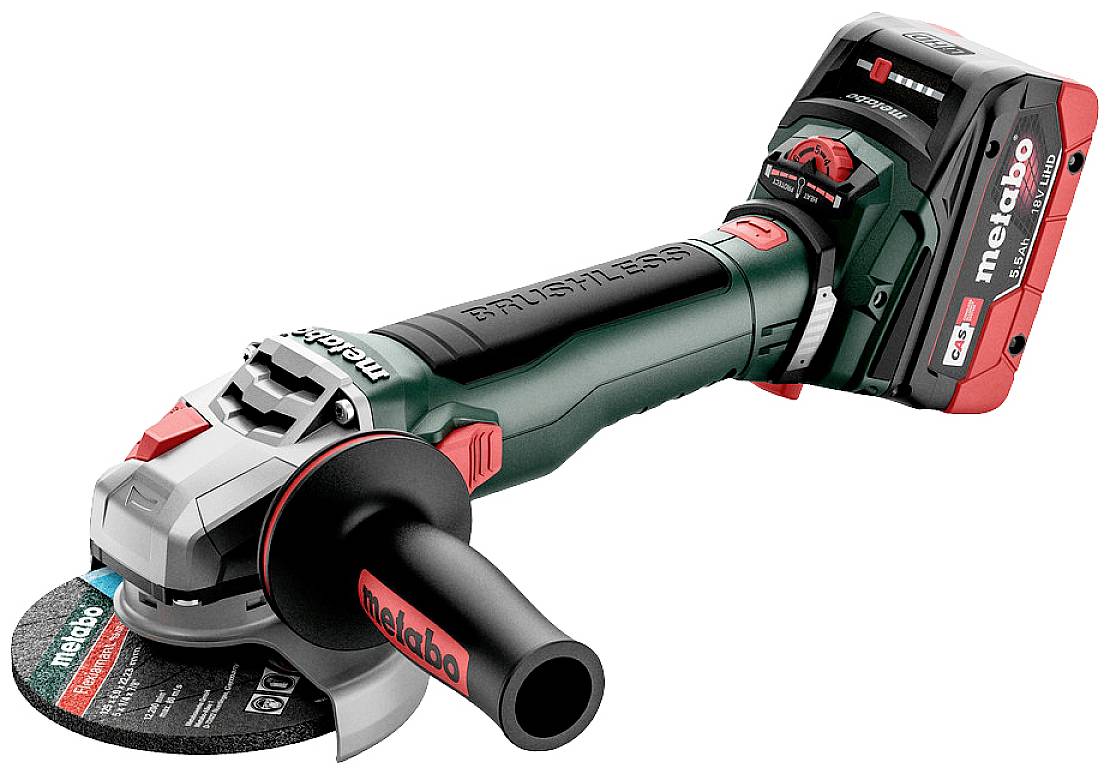 Akku-Winkelschleifer von Metabo, schwarz-rot, mit ergonomischem Griff und Metabo 18V Akkupack. Geeignet für Schleifarbeiten.