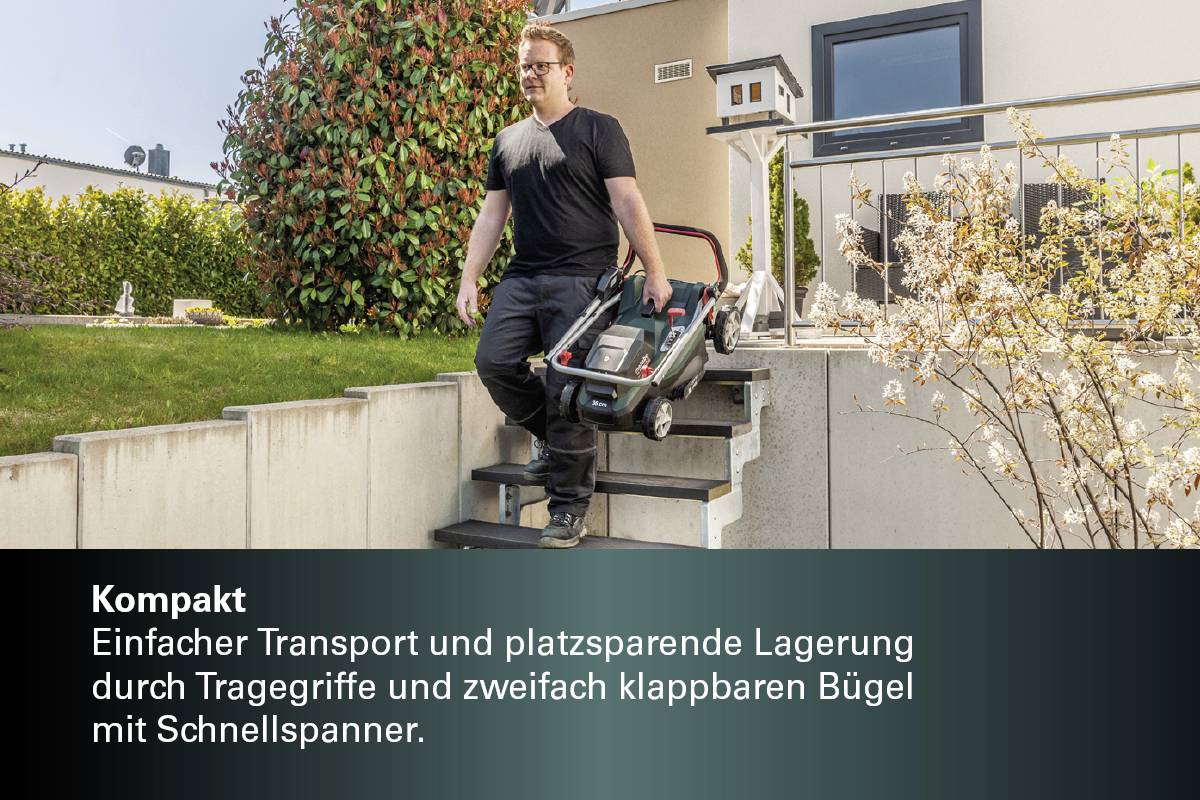 Ein Mann trägt einen zusammenklappbaren Rasenmäher eine Treppe hinunter. Text unten beschreibt den einfachen Transport und die Lagerung.