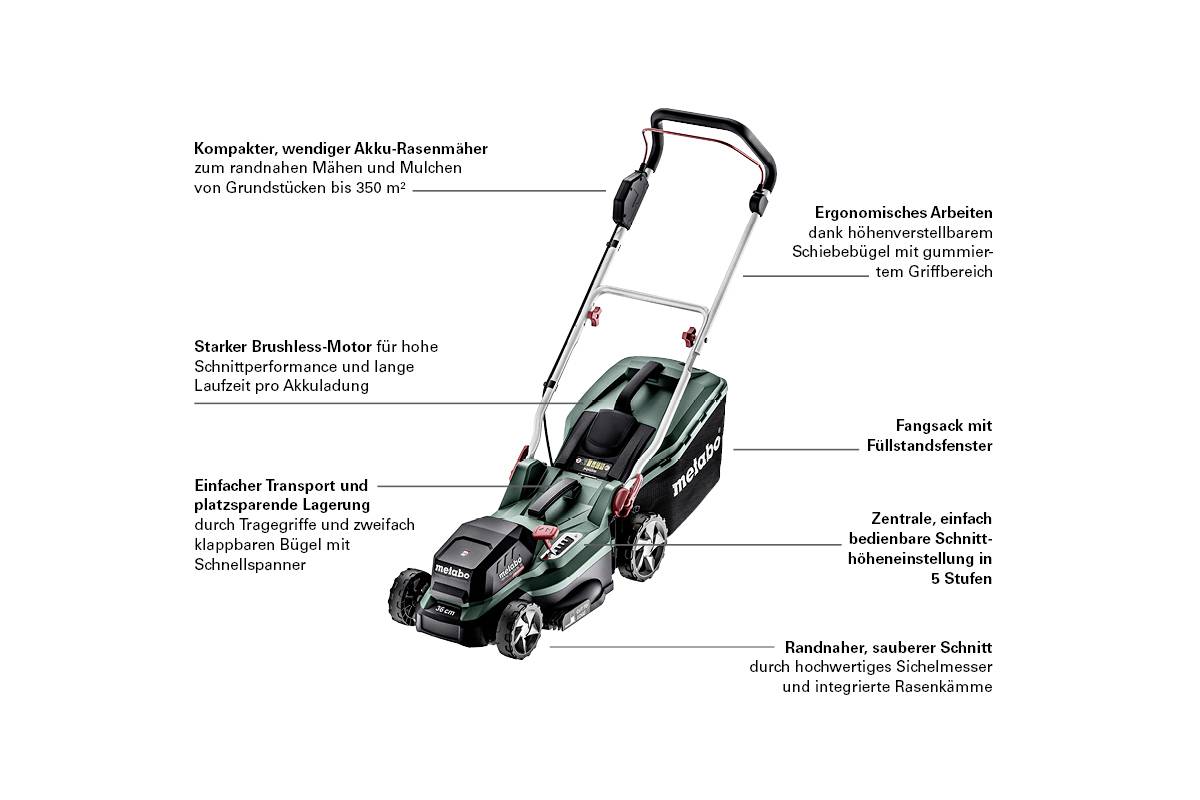 Ein grüner Akku-Rasenmäher mit ergonomischem Griff, starkem Brushless-Motor für effizientes Mähen, anpassbarer Schnitthöhe und zentraler Schnitthöhenverstellung in 5 Stufen.