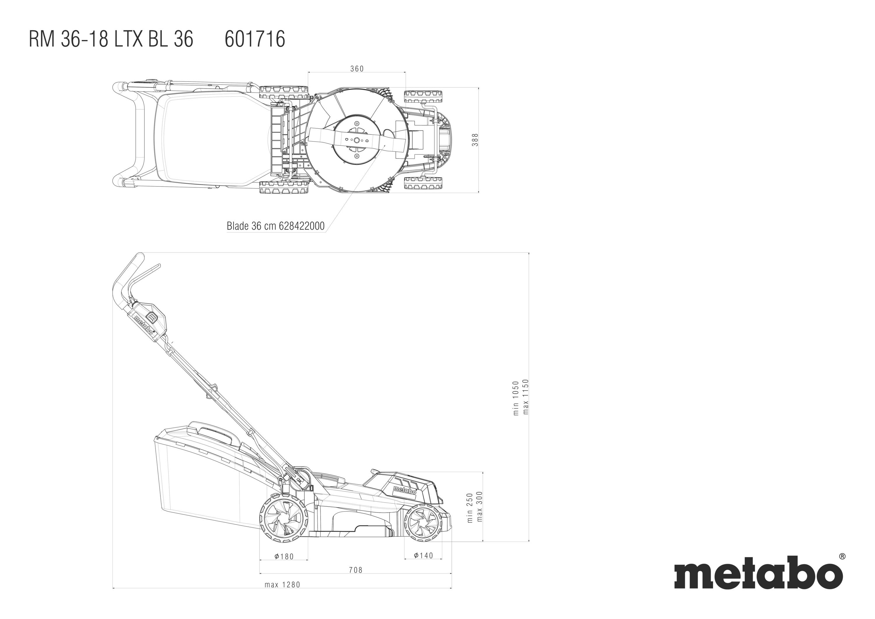 Technische Zeichnung eines Rasenmähers von Metabo, Modell RM 36-18 LTX BL 36. Detaillierte Maße und Ansicht von oben und der Seite.