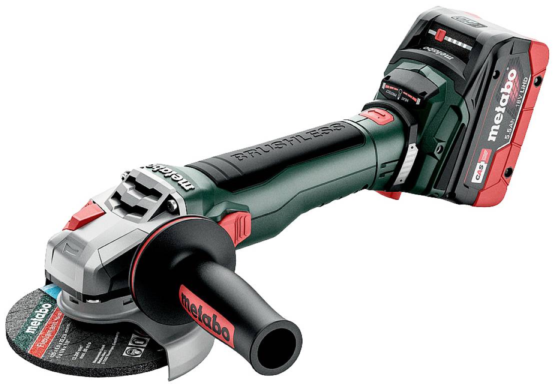 Akkuschleifer mit ergonomischem Griff und Metabo-Logo, ausgestattet mit einer Schleifscheibe und einem 18V-Akkupack.