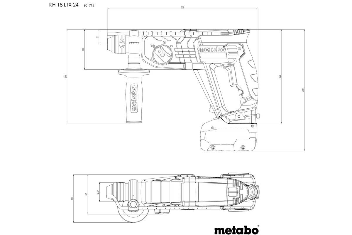 'Technische Zeichnung eines Metabo Bohrhammers KH 18 LTX 24' zeigt Seiten- und Vorderansicht mit Maßlinien und Details des Designs.