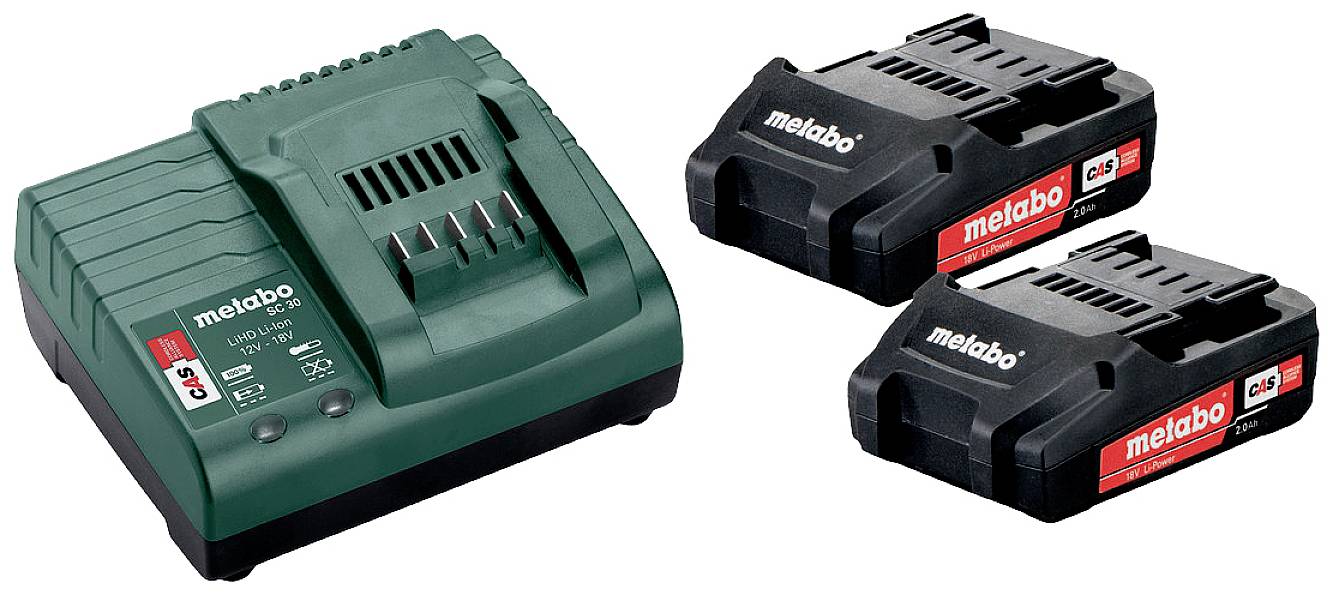 Akkuladegerät mit zwei schwarzen Akkupacks der Marke Metabo, Modell Li-Power.