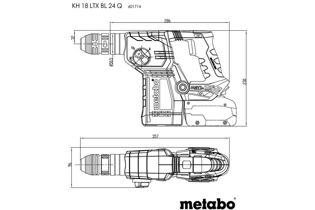 'Technische Zeichnung eines Metabo Bohrhammers KH 18 LTX BL 24 Q' mit Abmessungen. Seiten- und Draufsicht sind dargestellt.