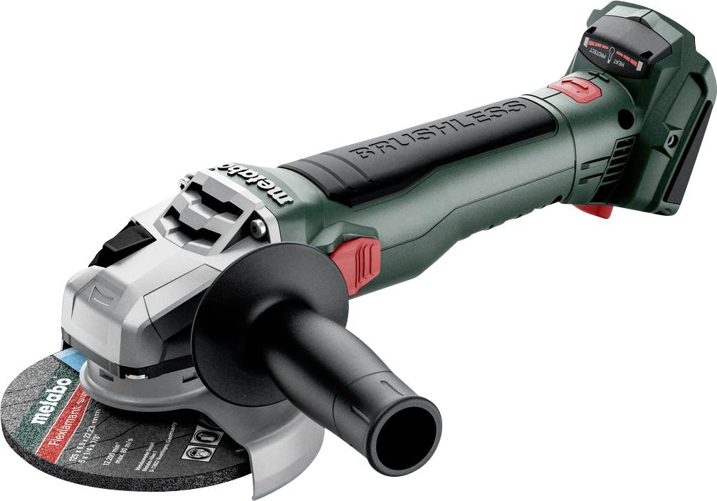 Ein kabelloser Winkelschleifer mit Metabo-Aufschrift, robustem Gehäuse und Schutzabdeckung, geeignet für vielseitige Schneid- und Schleifarbeiten.