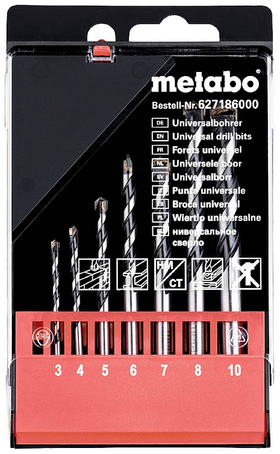 Ein Set von Universalbohrern in verschiedenen Größen (3-10 mm) in einer transparenten Verpackung mit Markenlogo 'metabo'.