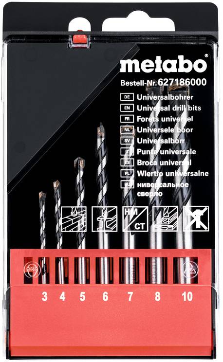 Ein Set von Universalbohrern in verschiedenen Größen (3-10 mm) in einer transparenten Verpackung mit Markenlogo 'metabo'.